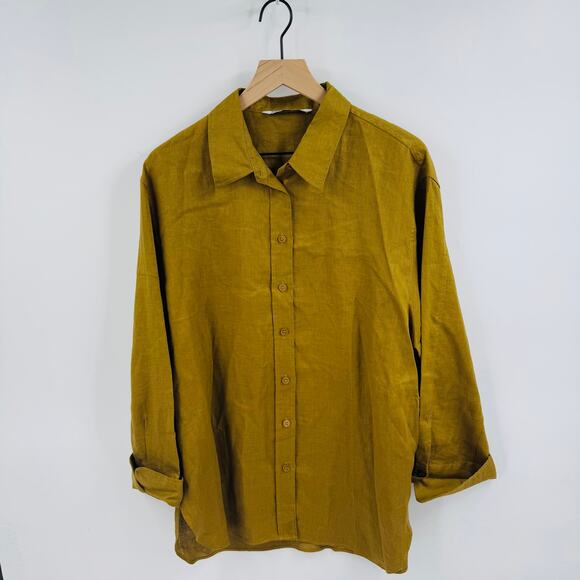 ZARA 100% Linen Button Front Shirt Mustard Yellow Long Sleeve Size XL - Picture 5 of 5